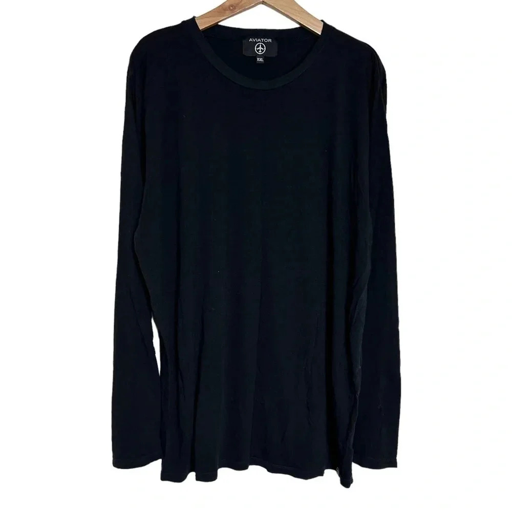 Aviator Long Sleeve Tee XXL Black Bamboo Cotton Blend‎ Made in USA Logo Patch
